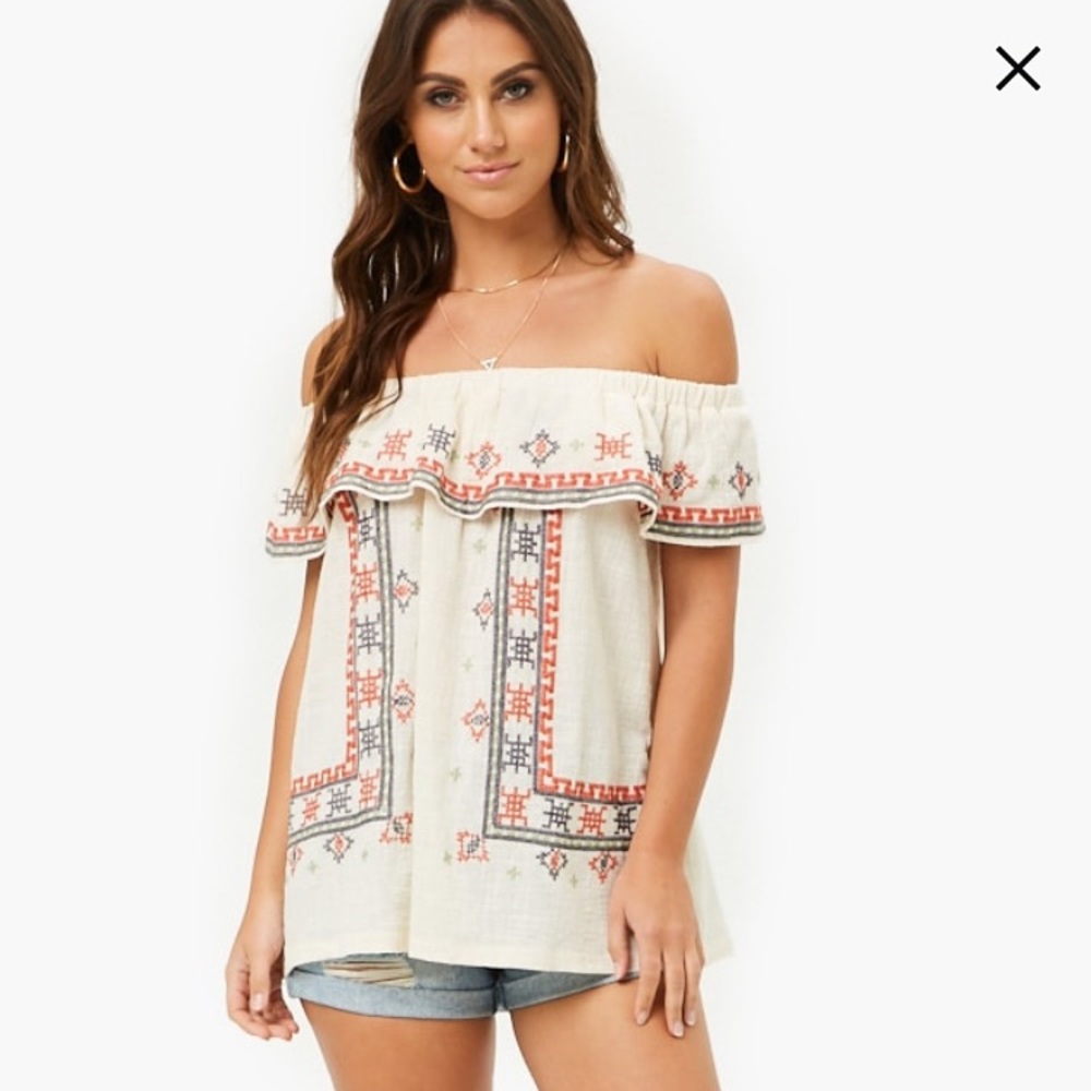 Forever 21 Sm Off The Shoulder Tribal Top Blouse